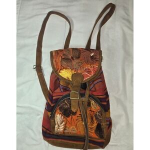 Woven Boho Floral Embroidered Striped Backpack Brown Multicolor Small Rucksack